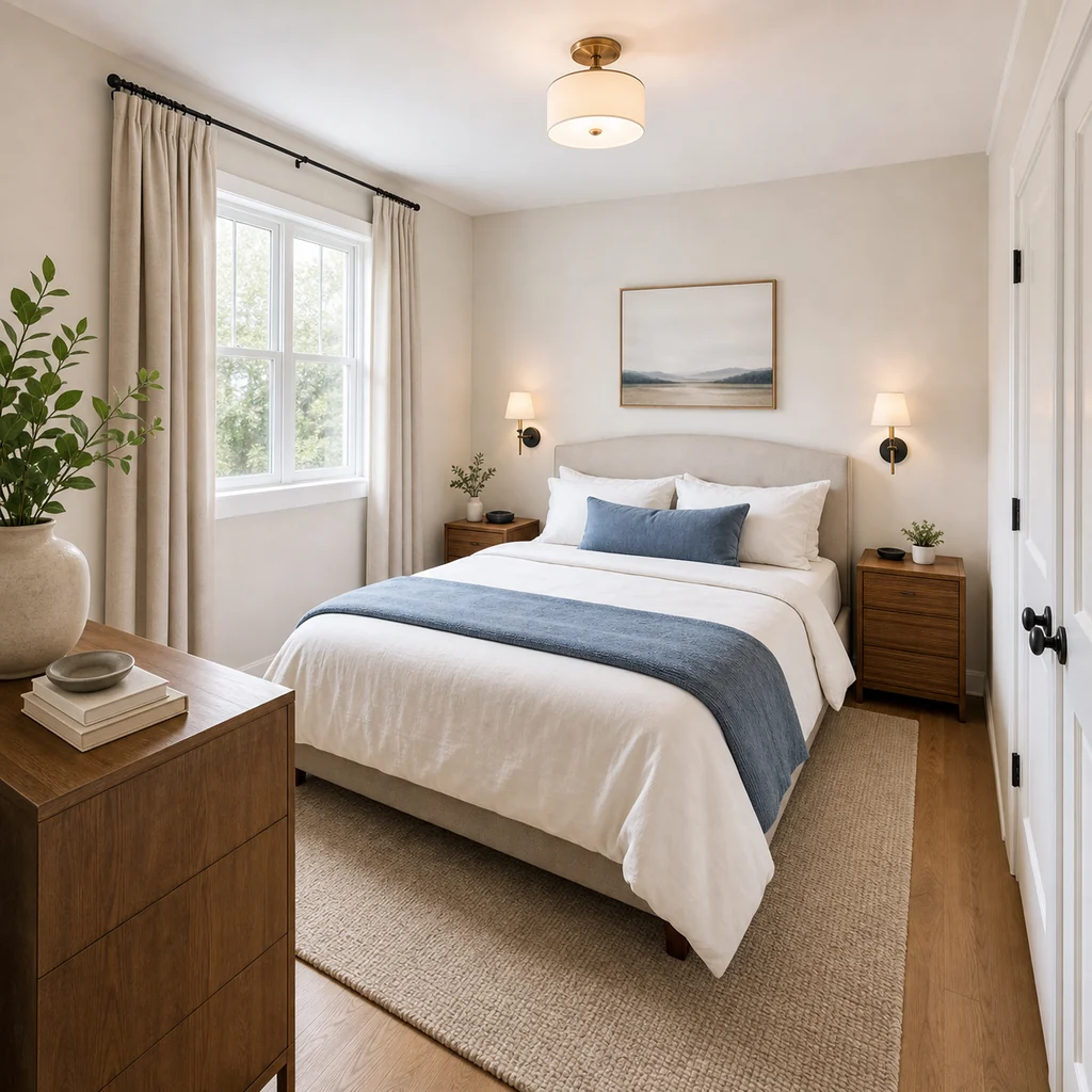 Small bedroom queen bed centered on the longest wall with slim nightstands