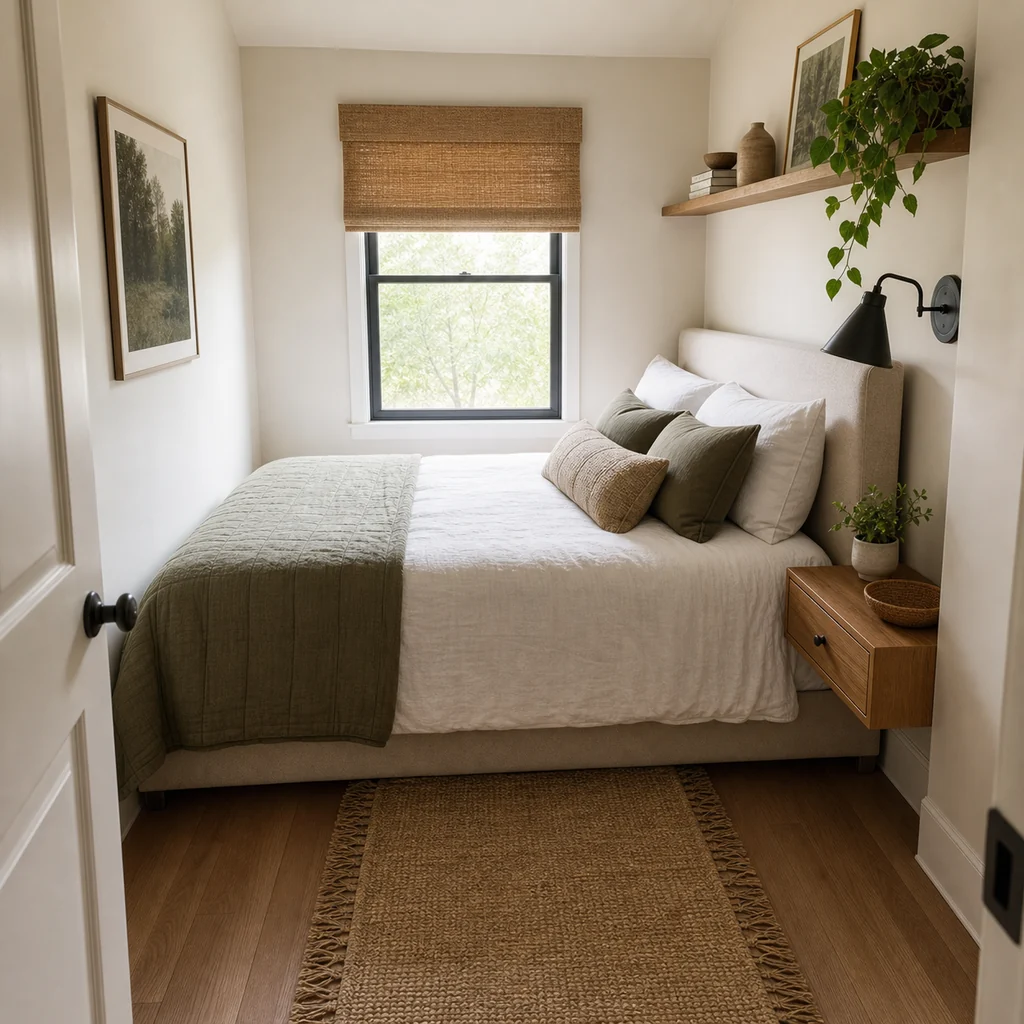 Narrow small bedroom with queen bed and clear foot-of-bed walkway