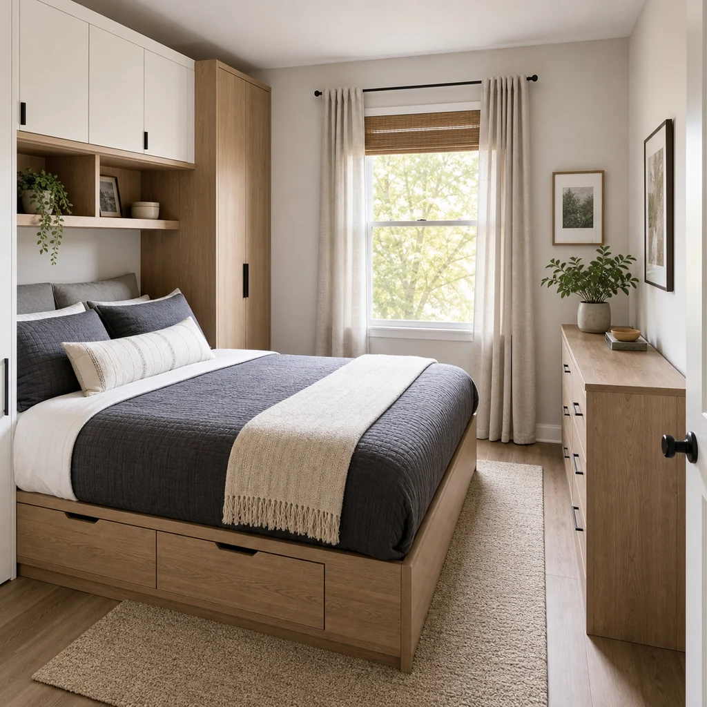 Small bedroom queen bed layout with narrow storage and under-bed drawers