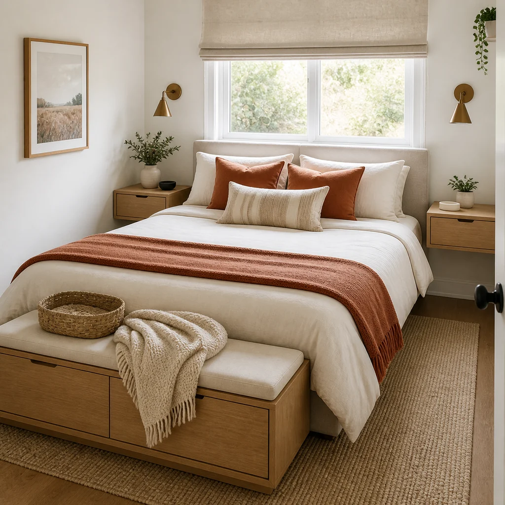 Small bedroom with a queen bed placed under a window and floating nightstands
