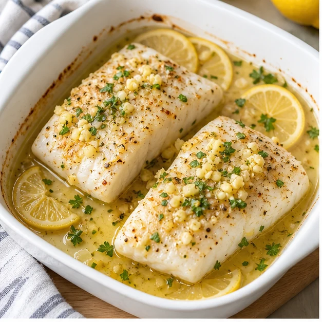 Flaky baked cod fillets with lemon, garlic and parsley in a white baking dish