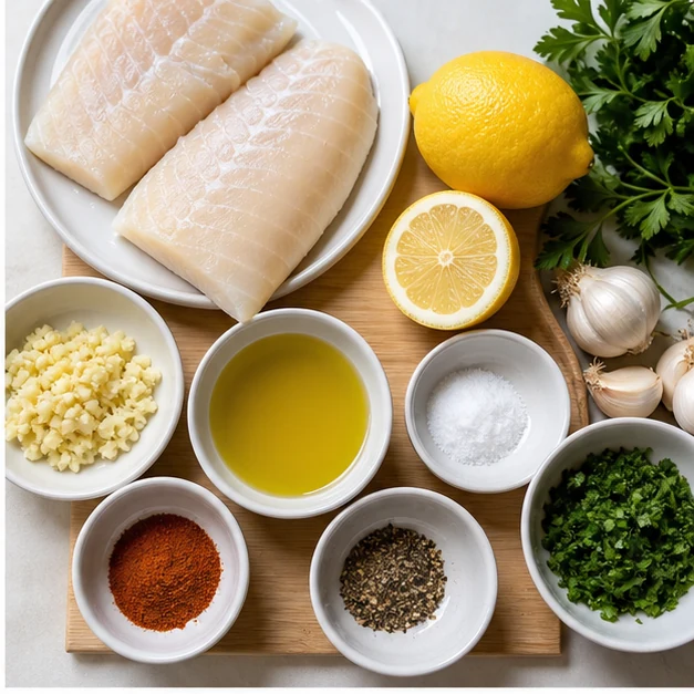Raw cod fillets, lemon, garlic, olive oil, parsley and seasonings