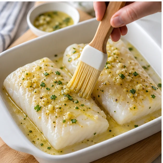 Lemon-garlic olive oil being brushed over raw cod fillets