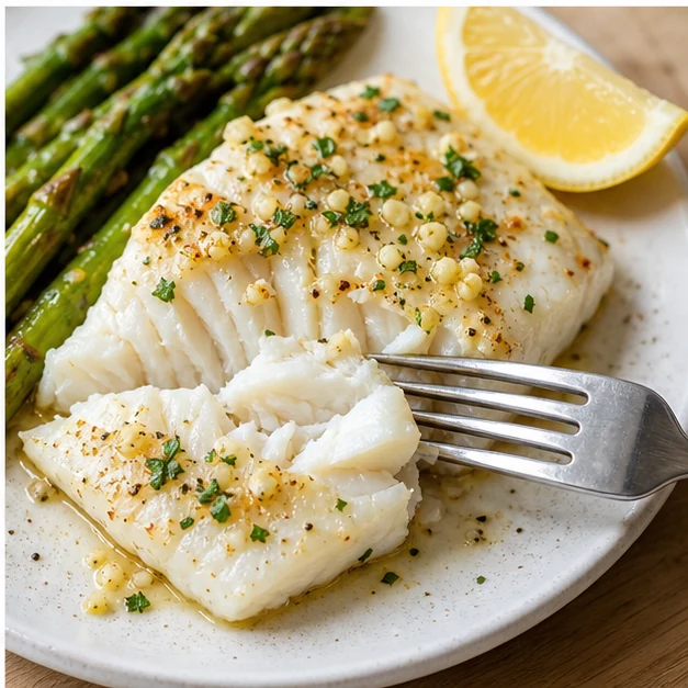 Flaky lemon garlic baked cod served with roasted asparagus