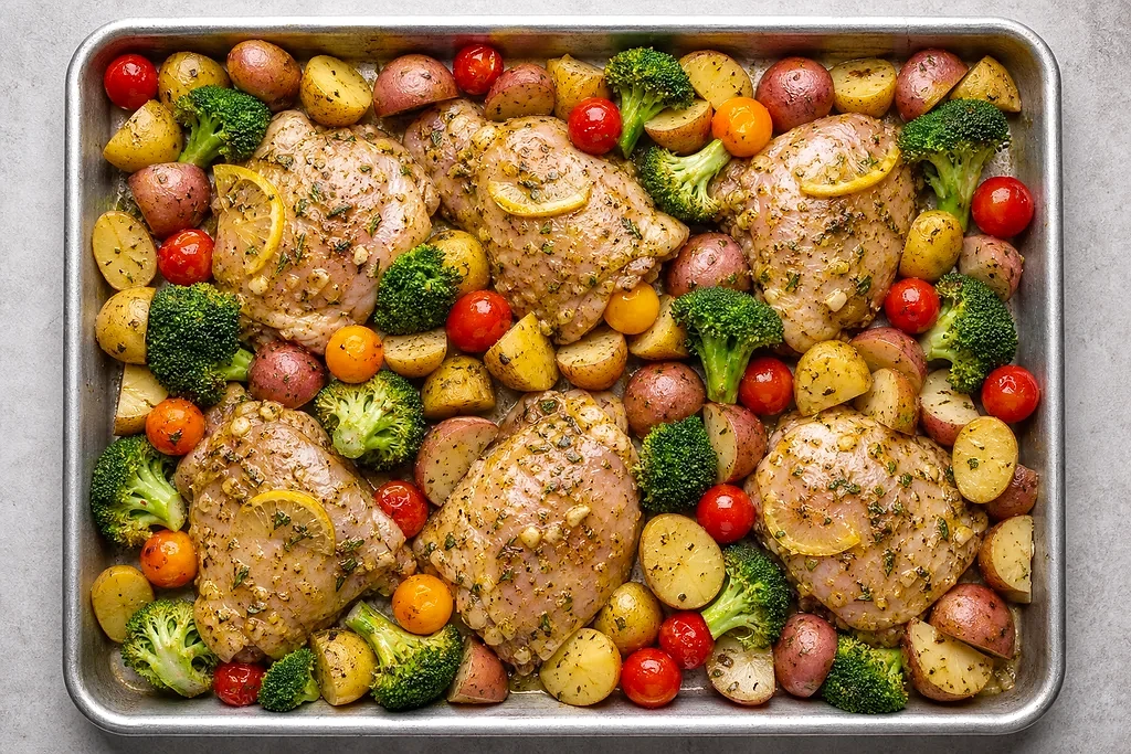 Raw lemon garlic chicken and vegetables arranged in a single layer on a rimmed sheet pan before roasting