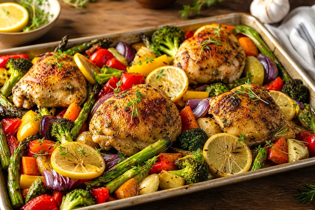 Finished lemon garlic chicken with roasted potatoes, broccoli, tomatoes, peppers, herbs, and lemon slices ready to serve