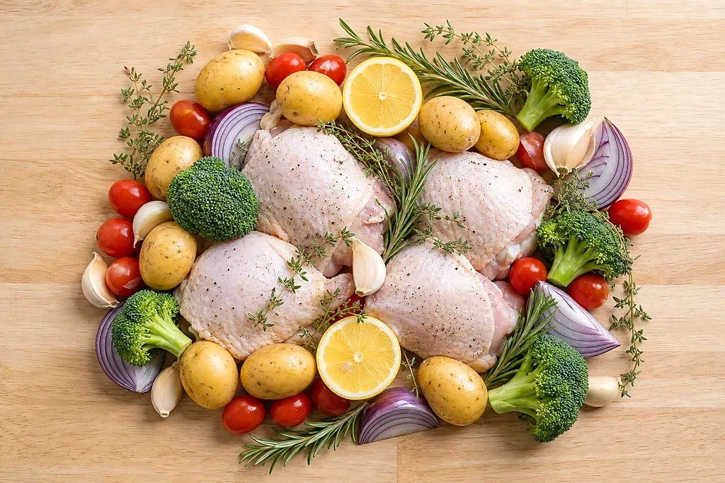 Ingredients for lemon garlic chicken including chicken thighs, baby potatoes, broccoli, tomatoes, red onion, lemon, garlic, and fresh herbs
