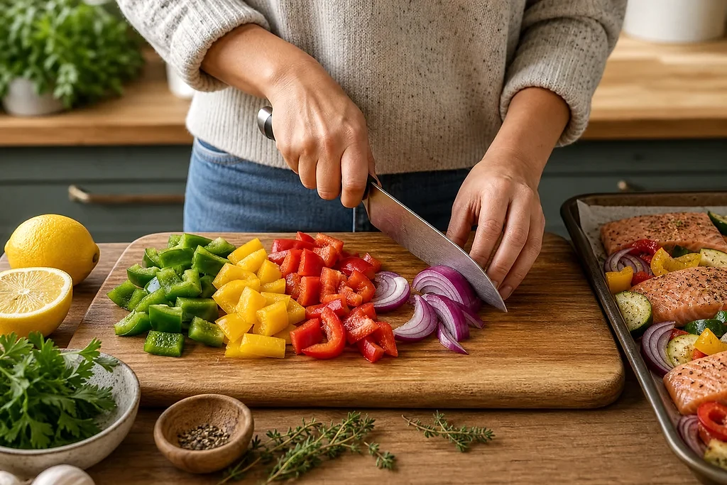 Vegetables being chopped for a lemon garlic chicken sheet pan dinner with peppers, onion, herbs, and lemon nearby