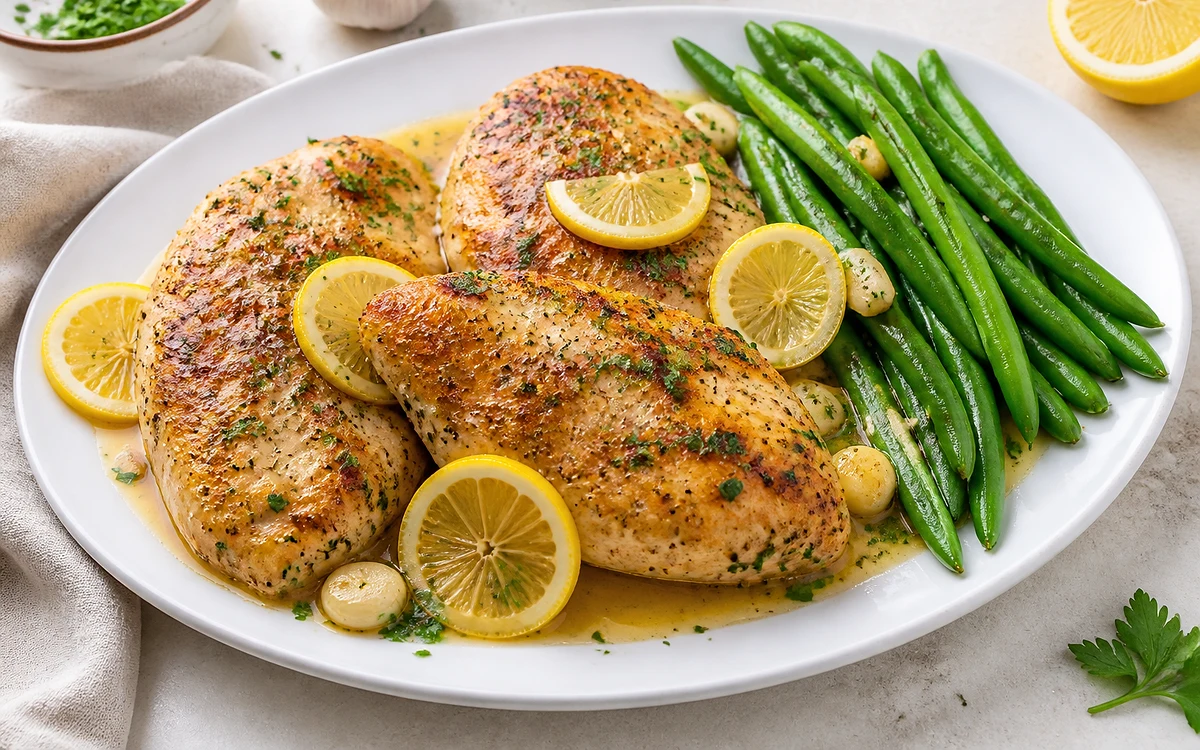 Lemon garlic chicken breasts with green beans, lemon slices, garlic, parsley, and glossy pan sauce on a white platter