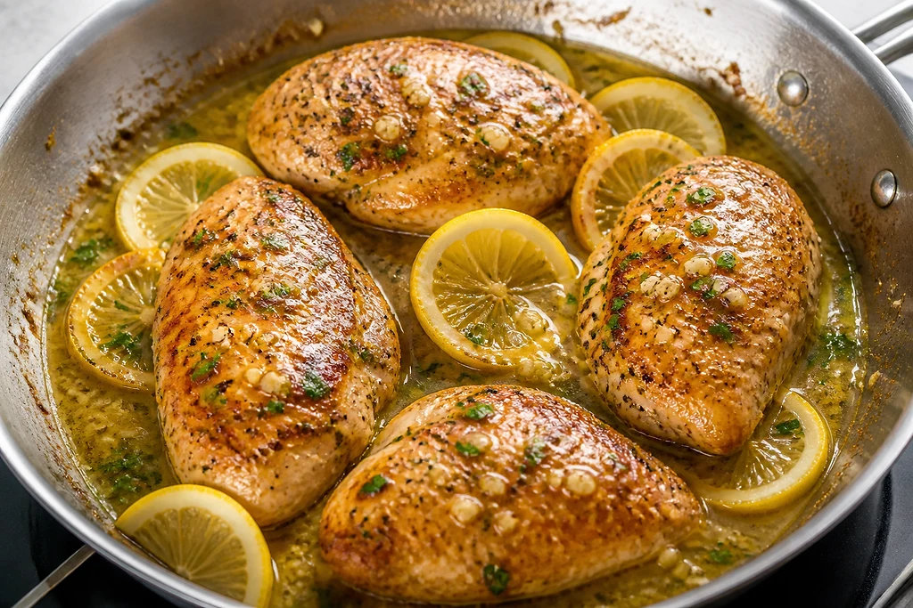 Finished lemon garlic chicken breasts in a skillet with lemon slices, parsley, and glossy sauce