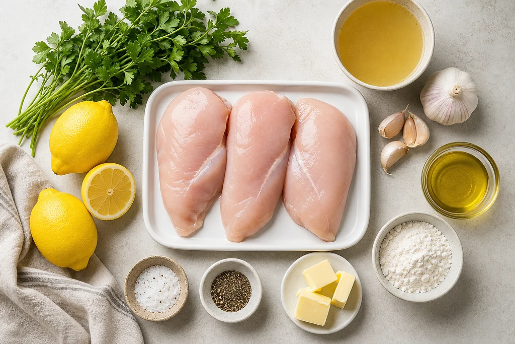 Ingredients for lemon garlic chicken including chicken breasts, lemons, garlic, parsley, broth, butter, olive oil, flour, salt, and pepper