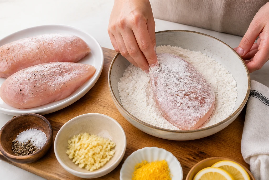 Chicken breast being lightly dredged in flour for lemon garlic chicken with garlic and seasoning nearby