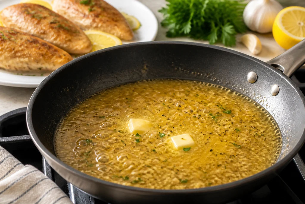 Lemon garlic butter sauce simmering in a skillet with chicken resting nearby