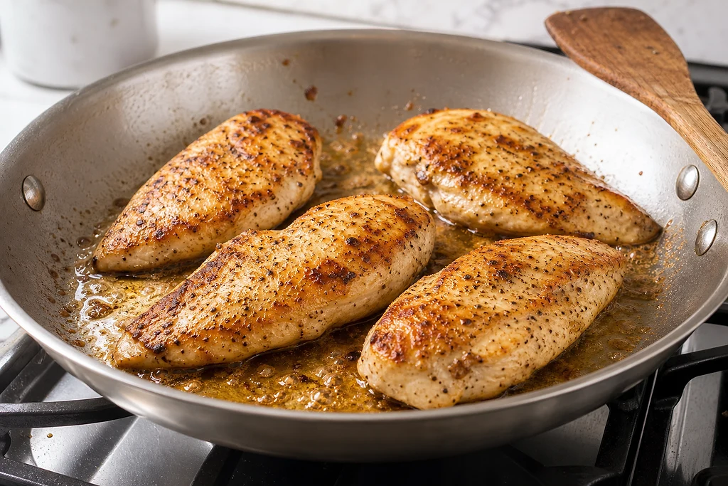 Chicken breasts searing in a skillet until golden for lemon garlic chicken