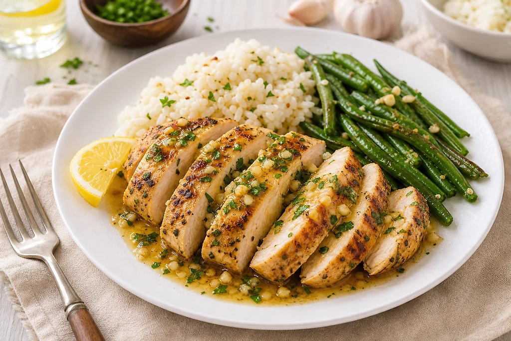 Sliced lemon garlic chicken served with rice, green beans, lemon, parsley, and pan sauce