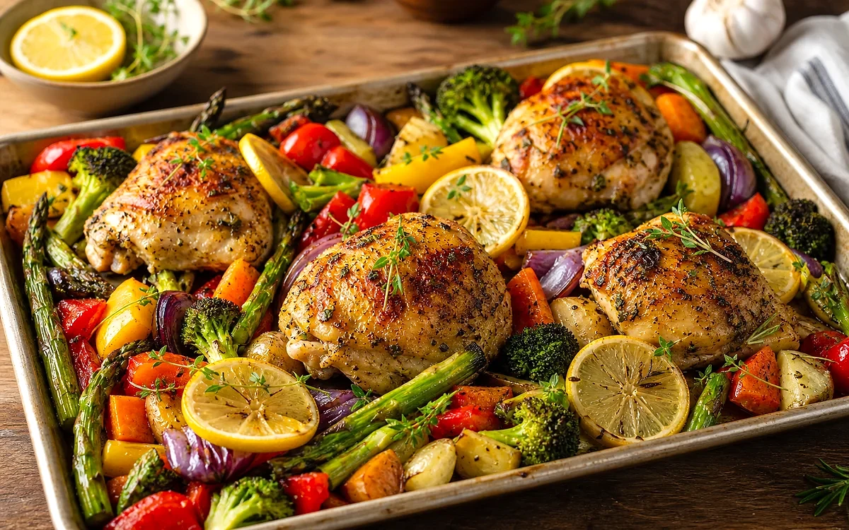 Lemon garlic chicken with roasted vegetables on a sheet pan with golden chicken, potatoes, broccoli, tomatoes, and lemon slices