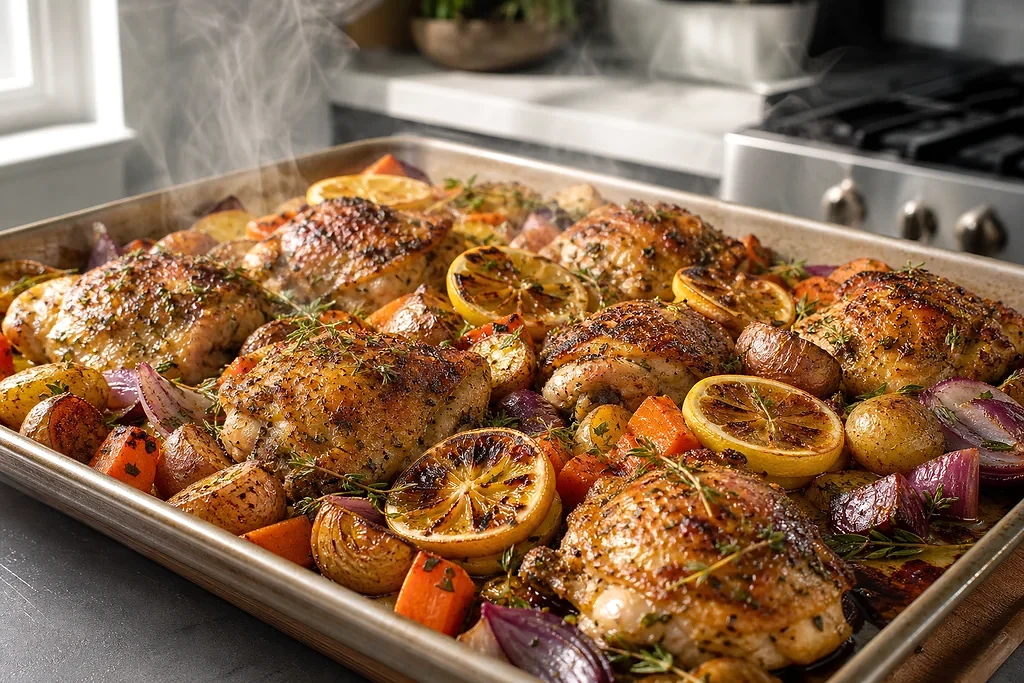 Golden lemon garlic chicken and vegetables roasting in the oven on a rimmed sheet pan