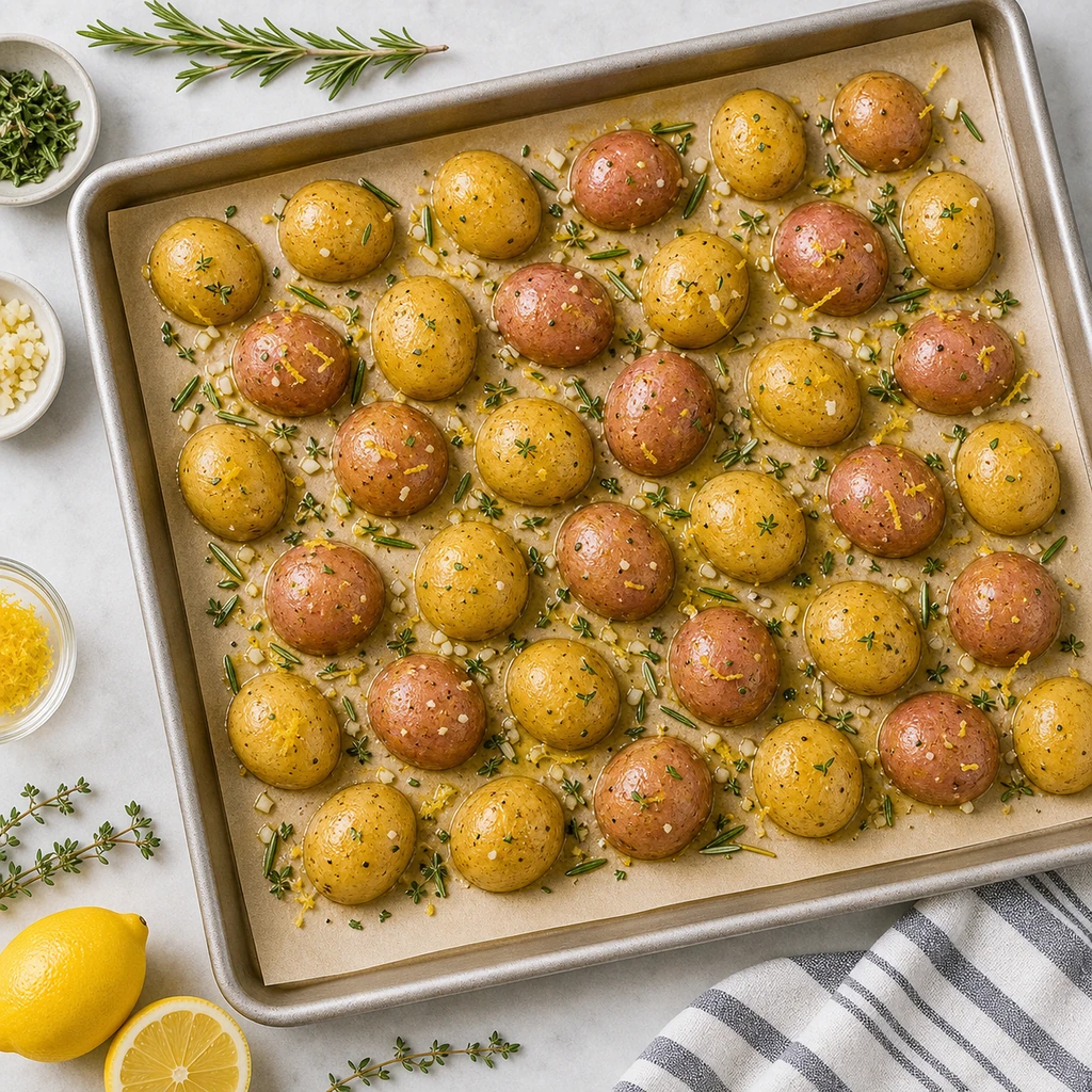 Halved baby potatoes tossed with lemon, herbs, garlic, and olive oil spread cut side down on a sheet pan before roasting