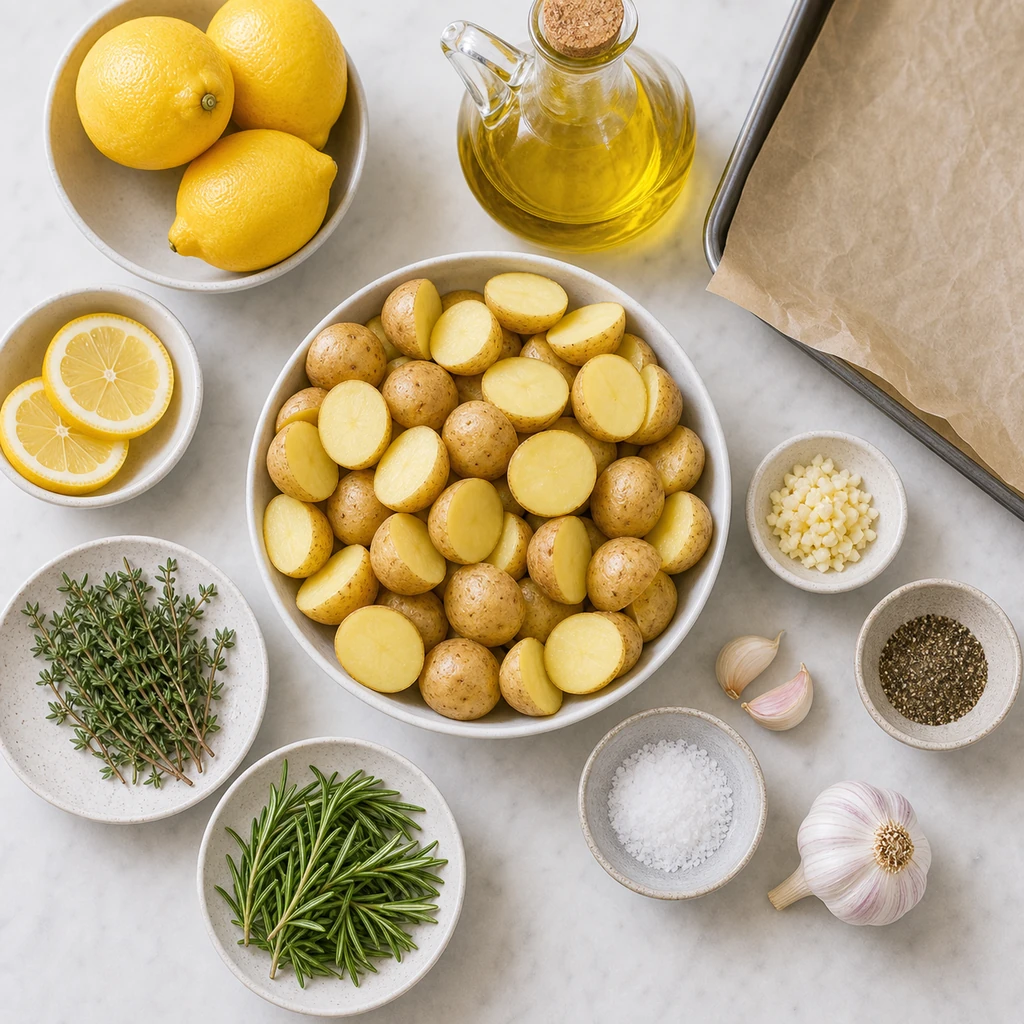 Ingredients for lemon herb roasted potatoes including baby potatoes, lemons, olive oil, garlic, rosemary, thyme, parsley, salt, and pepper