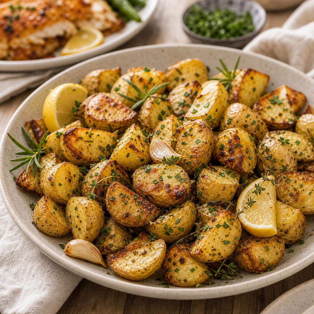 Served lemon herb roasted potatoes with crispy edges, parsley, rosemary, thyme, roasted garlic, and lemon wedges