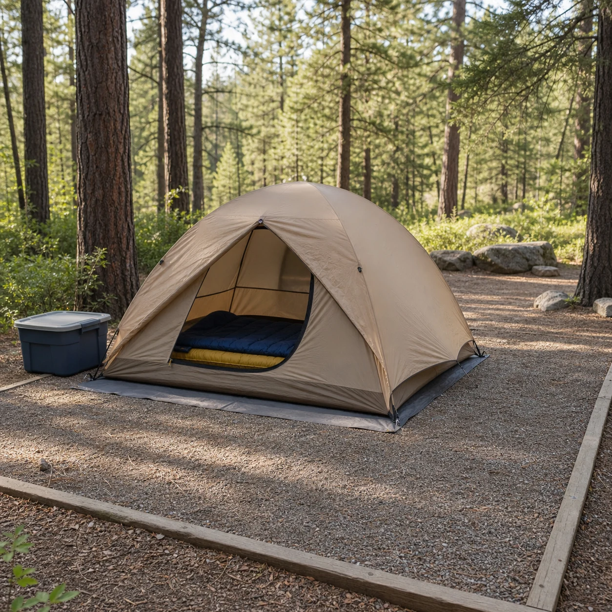 Tan dome tent on a level campsite pad with a clear walking path