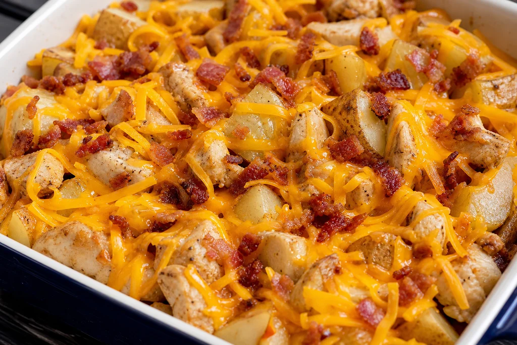 Shredded cheddar and crumbled bacon on loaded baked potato chicken casserole