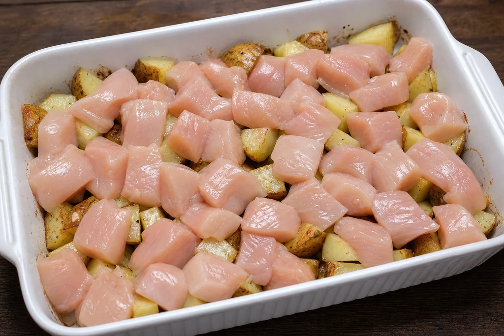 Cubed chicken layered over par baked potatoes in casserole dish