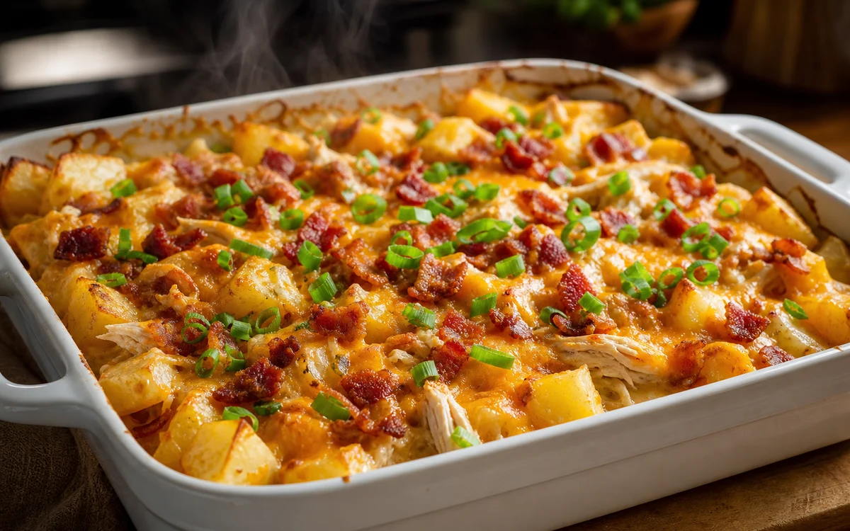 Loaded baked potato chicken casserole with cheesy melted cheddar crispy bacon and potatoes
