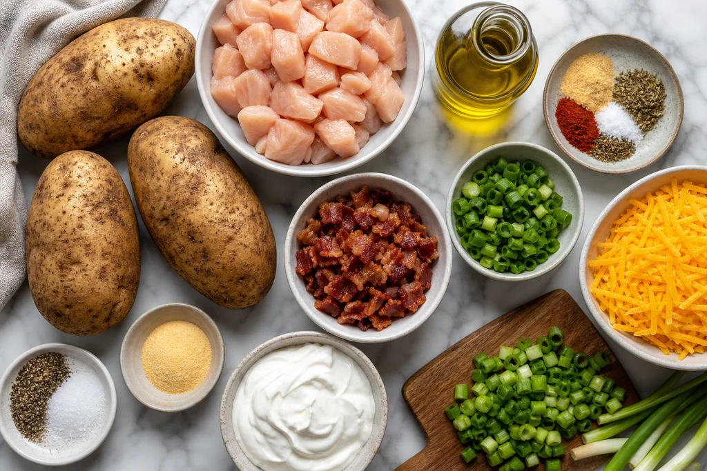 Ingredients for loaded baked potato chicken casserole with potatoes chicken cheddar and bacon