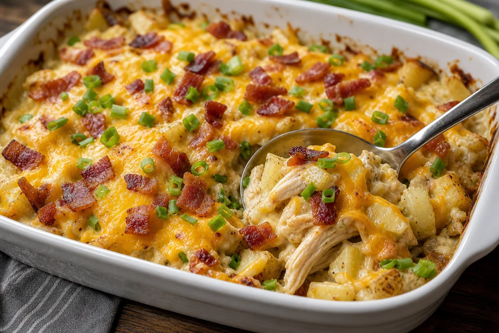 Finished loaded baked potato chicken casserole with melted cheese bacon and green onions