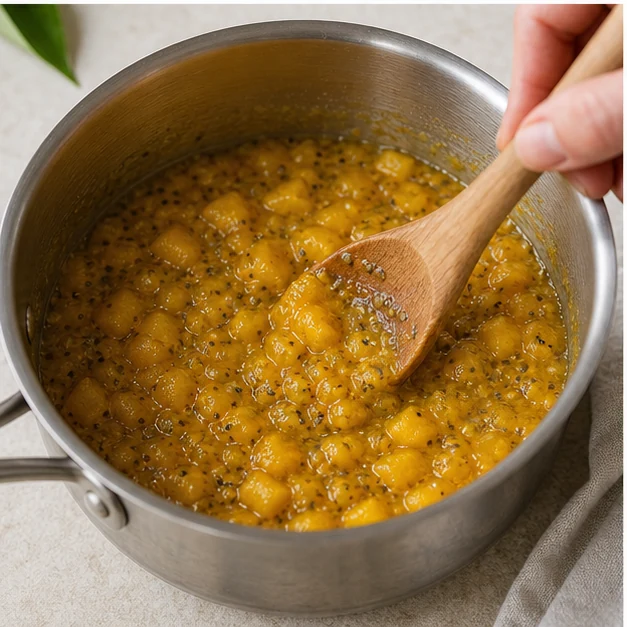 Mango pieces being mashed in a saucepan for chia jam