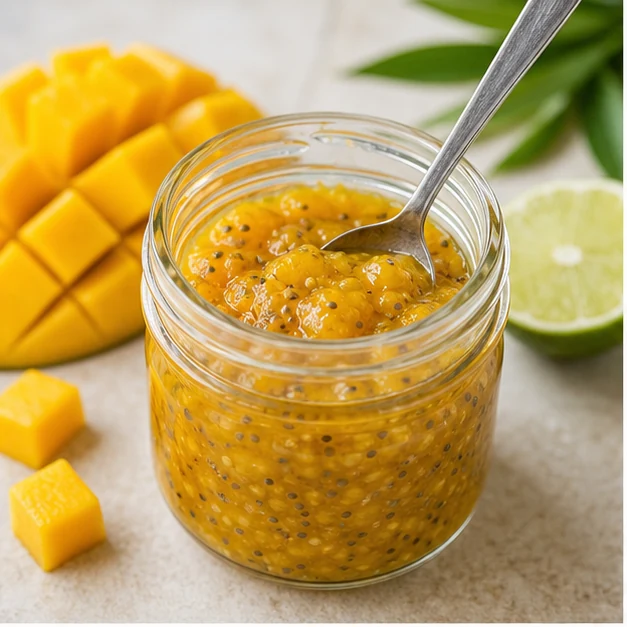 Small jar of thick mango chia jam with ripe mango and lime