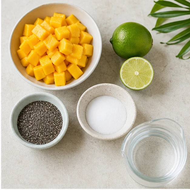 Diced mango, chia seeds, lime, water and monk-fruit sweetener