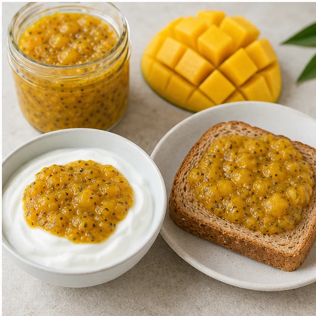 Mango chia jam served on plain yogurt and whole-grain toast