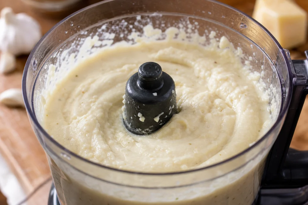Cooked cauliflower blended smooth with garlic oil and Romano cheese in a food processor