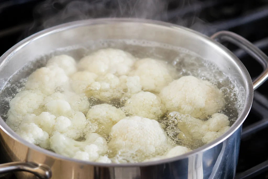 Cauliflower florets boiling in salted water in a pot until tender