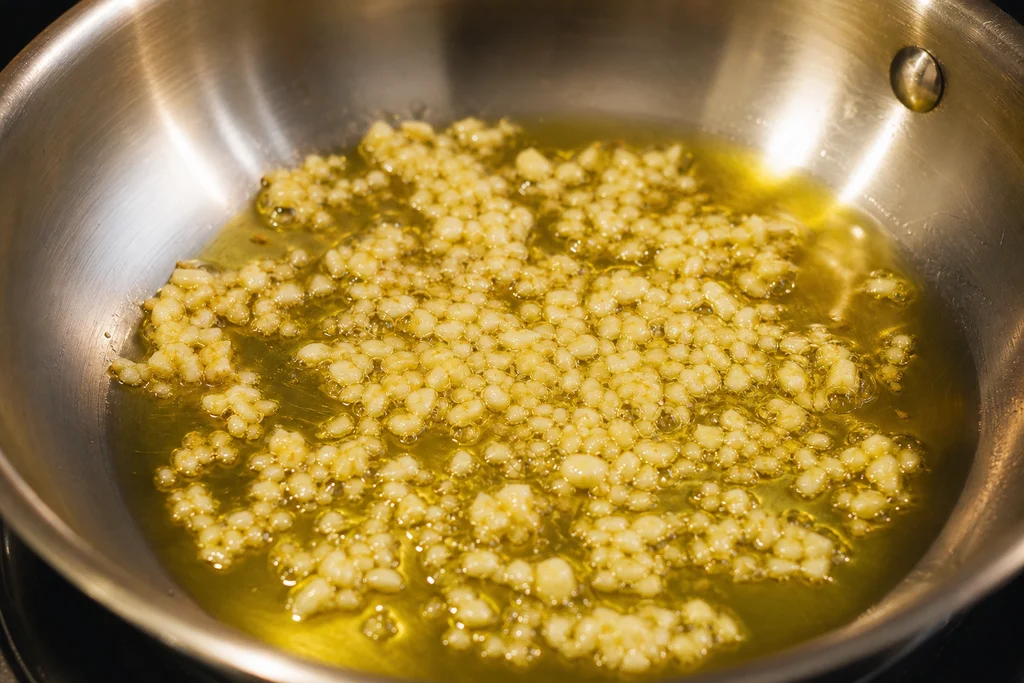 Minced garlic gently sautéed in extra virgin olive oil in a small skillet
