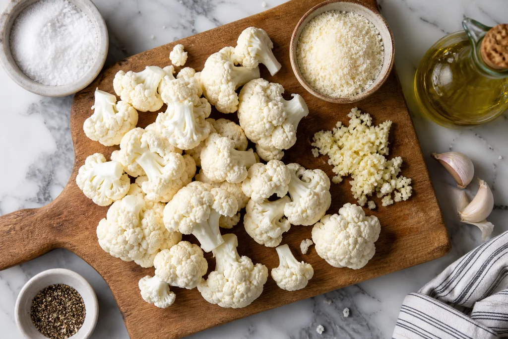 Fresh cauliflower florets with garlic, olive oil, and grated Romano cheese for mashed cauliflower