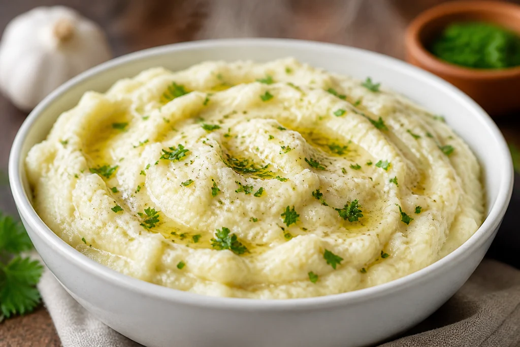 Creamy garlic Romano mashed cauliflower in a bowl garnished with parsley and olive oil