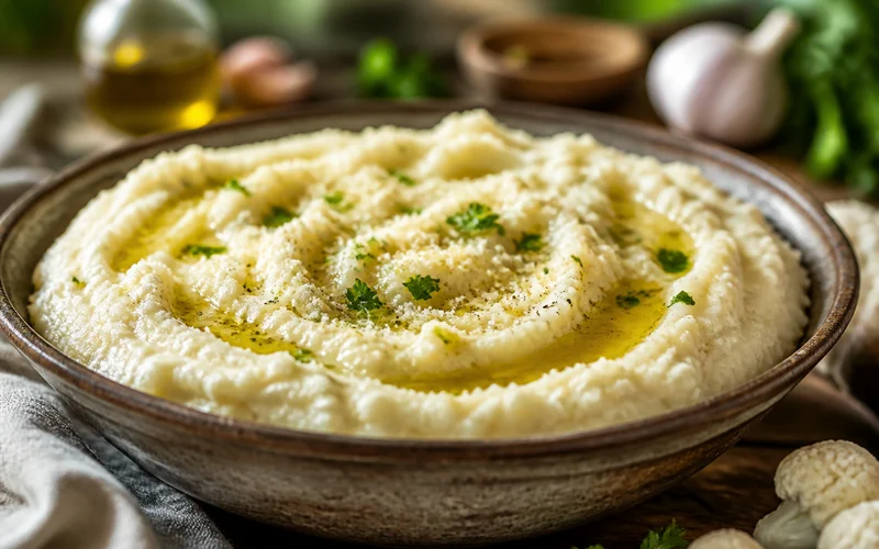 Creamy olive oil garlic and Romano cheese mashed cauliflower hero shot in a rustic bowl