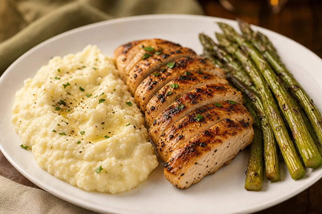 Mashed cauliflower served alongside grilled chicken and asparagus on a dinner plate