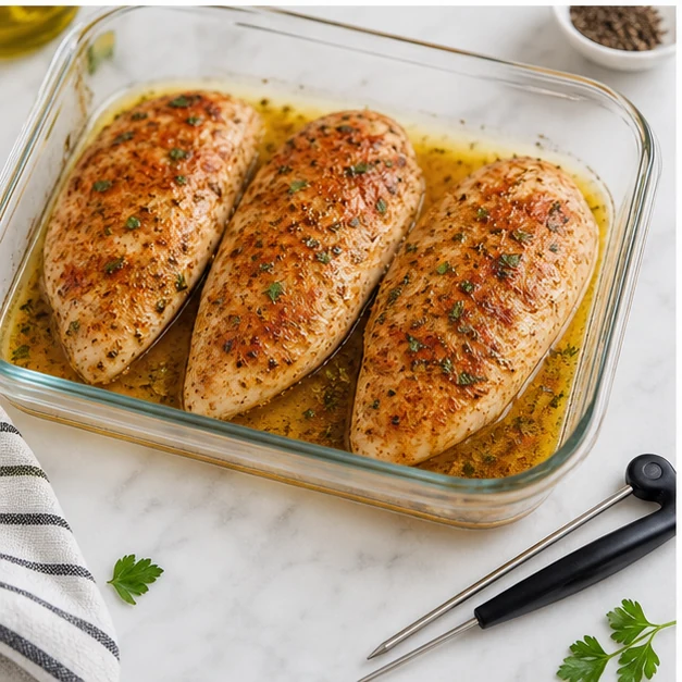 Seasoned chicken breasts baked in a glass dish with herbs and a meat thermometer nearby