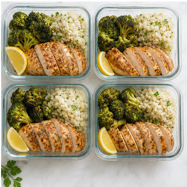 Sliced baked chicken breast in glass meal prep containers with broccoli, cauliflower rice, and lemon wedges