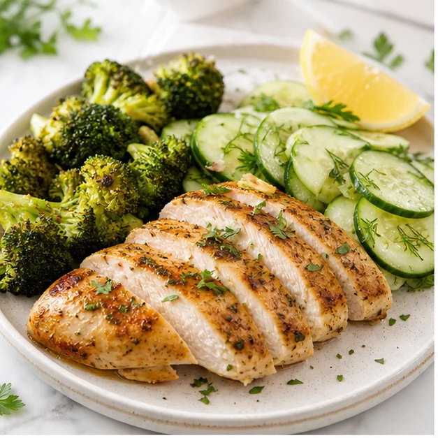 Juicy sliced baked chicken breast with roasted broccoli, cucumber salad, lemon, and herbs