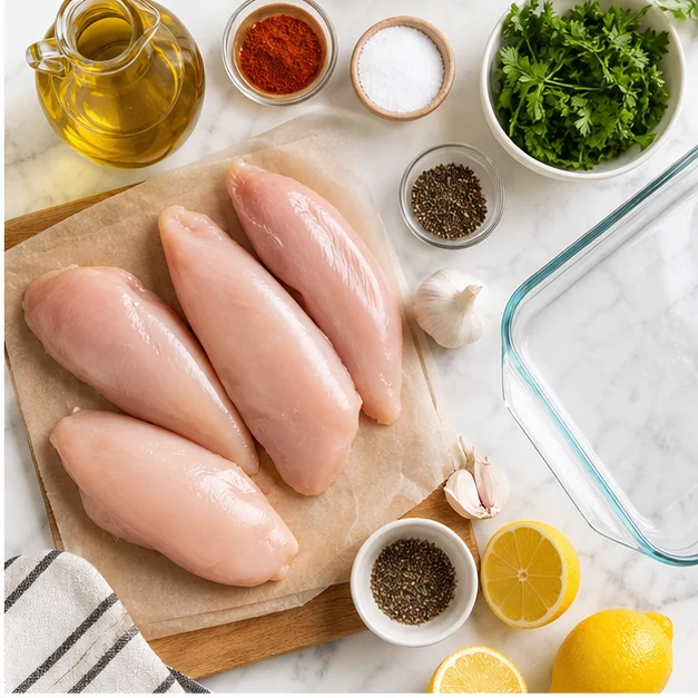 Raw chicken breasts, olive oil, lemon, garlic, paprika, salt, pepper, parsley, and baking dish