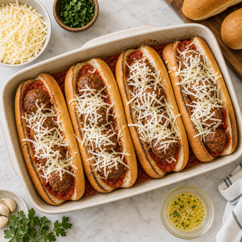 Hoagie rolls filled with marinara, browned meatballs, and mozzarella in a baking dish before baking