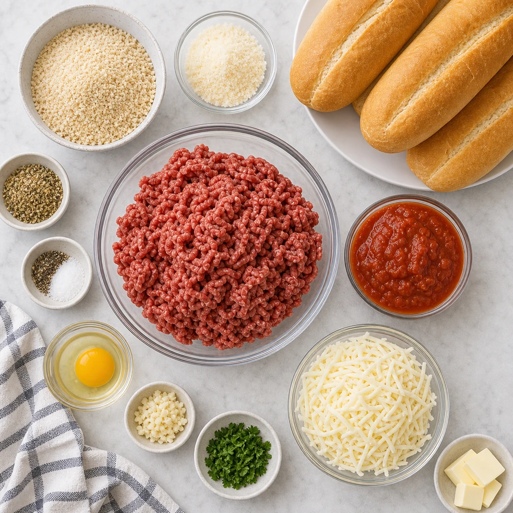 Ingredients for oven baked meatball sandwiches including ground beef, breadcrumbs, parmesan, egg, marinara, hoagie rolls, mozzarella, and parsley