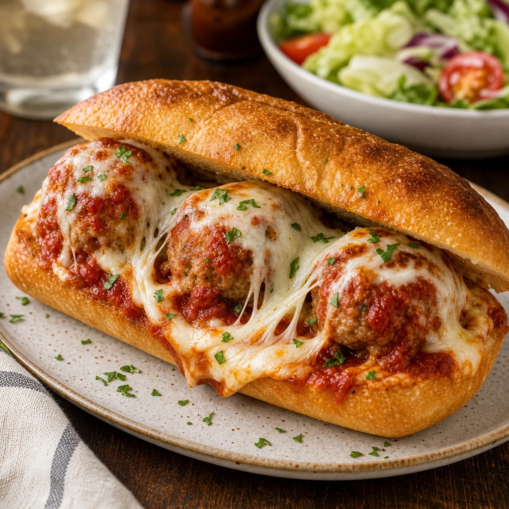 Plated oven baked meatball sandwich with saucy meatballs, melted mozzarella, toasted roll, parsley, and side salad