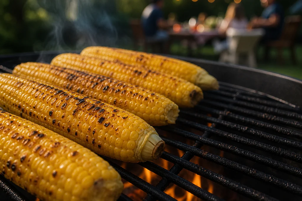 Ears of corn charring on a grill for elote street corn salad