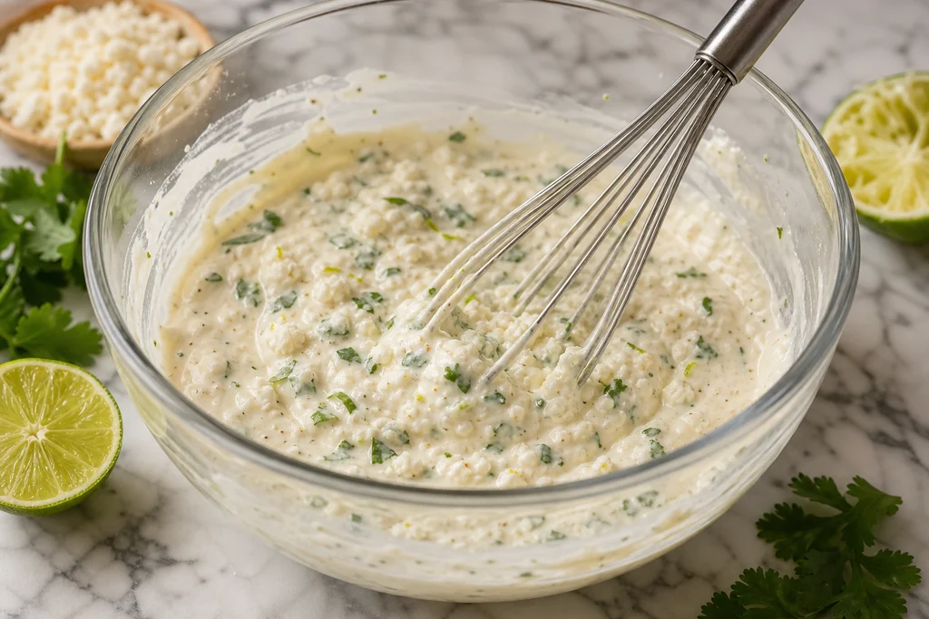 Whisking creamy lime cilantro dressing for Mexican street corn salad